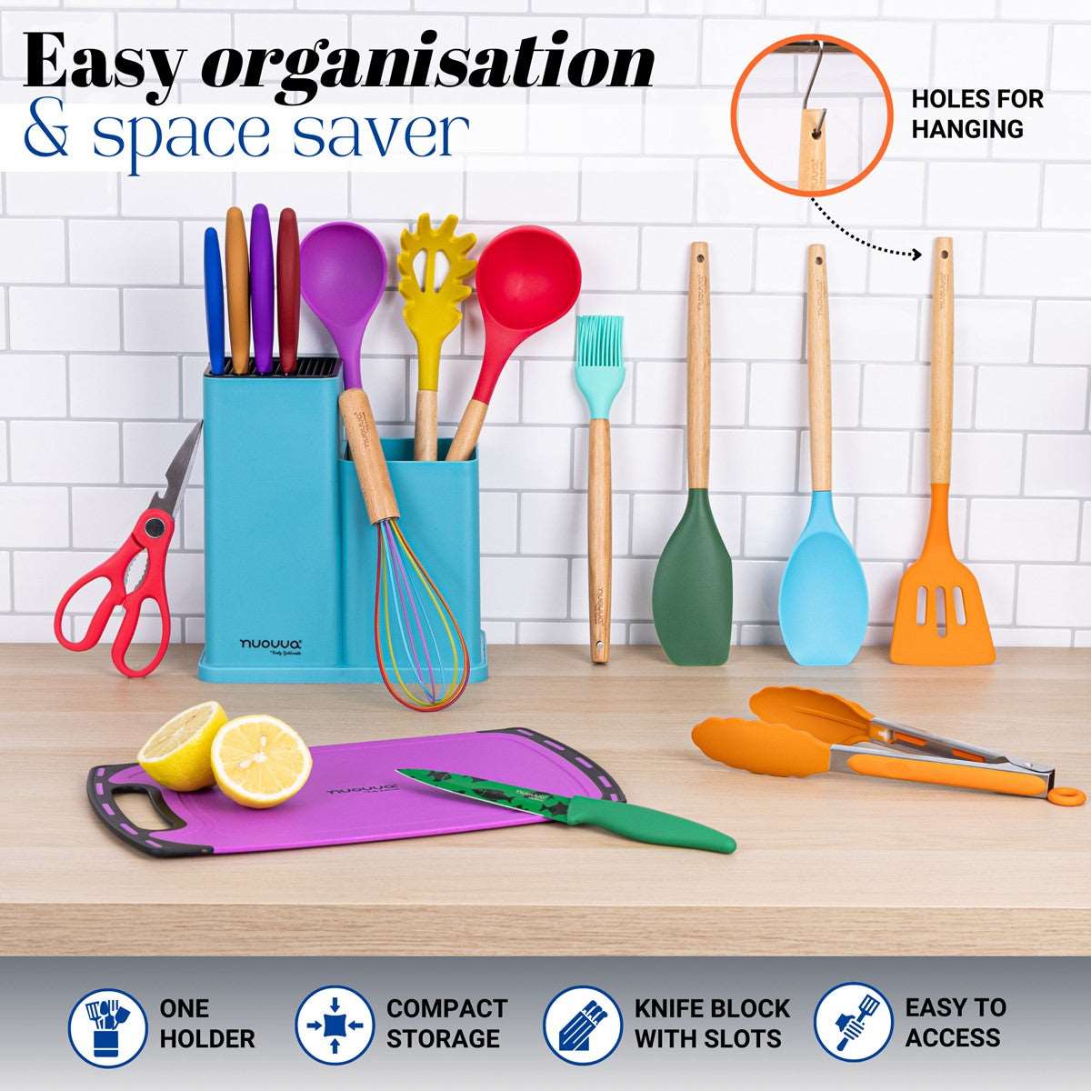 Easy home organization with nuovva kitchen utensil and knife holder with knife slots for compact storage and easy access. 