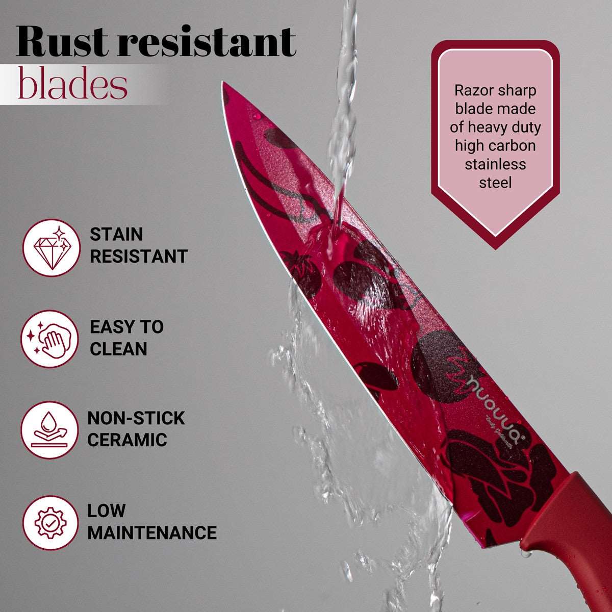 Heavy duty stainless steel kitchen knives with rust resistant blades - easy to clean, stain resistant and low maintenance. 