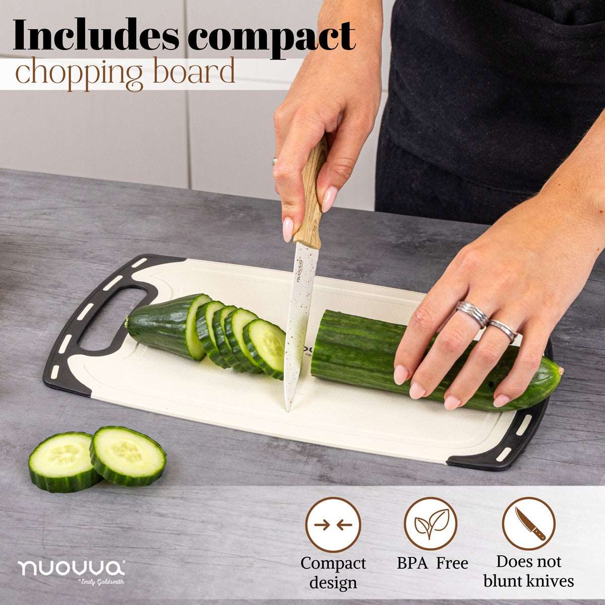 17pcs cream silicon utensil set includes a BPA free compact chopping board which does not blunt knives