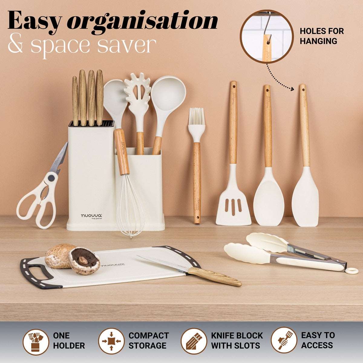 Easy home organization with nuovva kitchen utensil set with storage block holder and slots for easy access. 