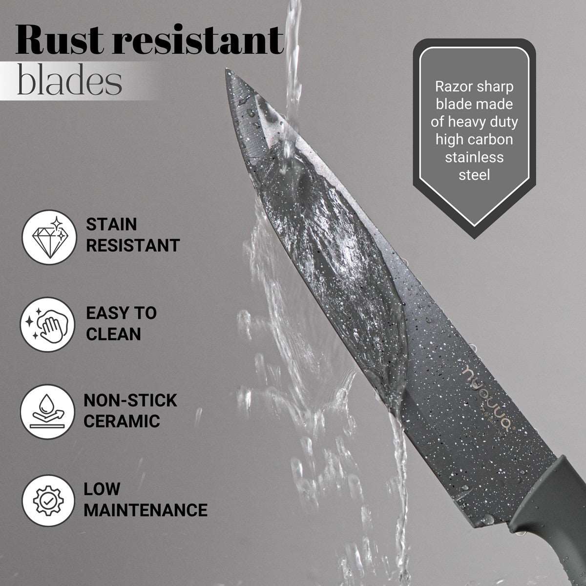 Razor sharp kitchen knife with heavy duty high carbon stainless steel blade which is rust resistant, stain resistant and easy to clean with non-stick ceramic 