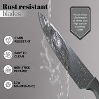 Razor sharp kitchen knife with heavy duty high carbon stainless steel blade which is rust resistant, stain resistant and easy to clean with non-stick ceramic 