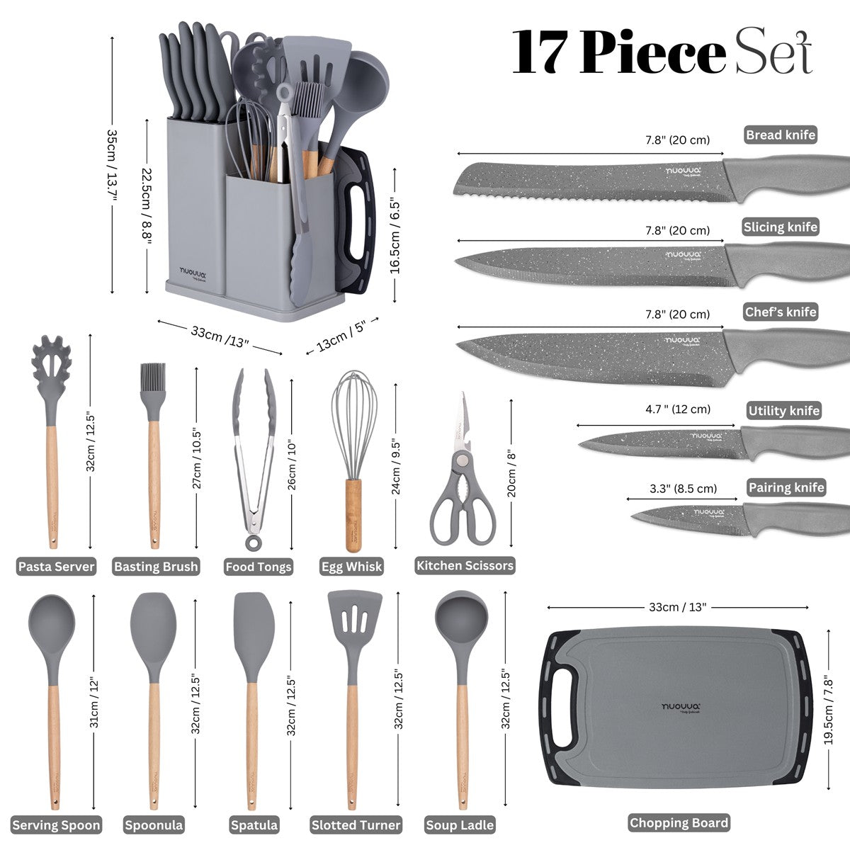 17-piece kitchen utensil & knife set includes a chopping board, kitchen scissors, bread knife, paring knife, slicing knife and more. 