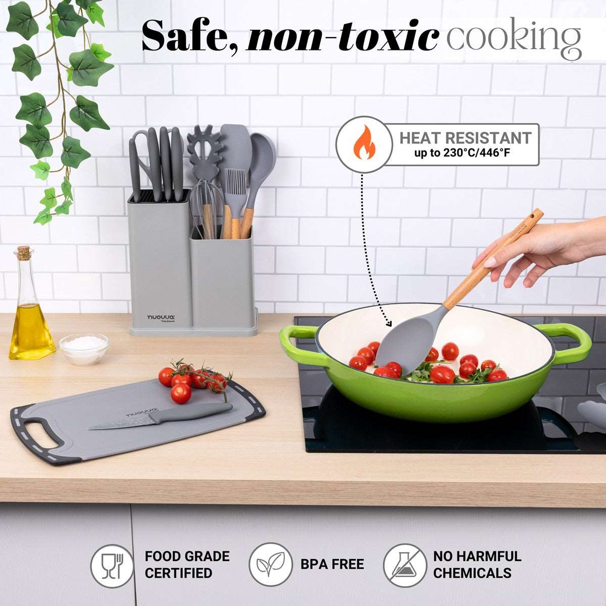 Non-toxic safe cooking with heat resistant utensils, food grade certified and BPA free with no harmful chemicals. 