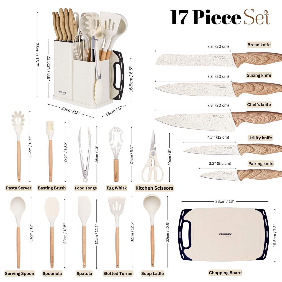 Nuovva 17pcs kitchen set includes storage block, chopping board, bread knife, chefs knife, paring knife, egg whisk, kitchen scissors, spatula and more.