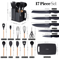 17pcs black kitchen utensil set includes storage block, chopping board, kitchen knives and utensils including spatula and kitchen scissors. 