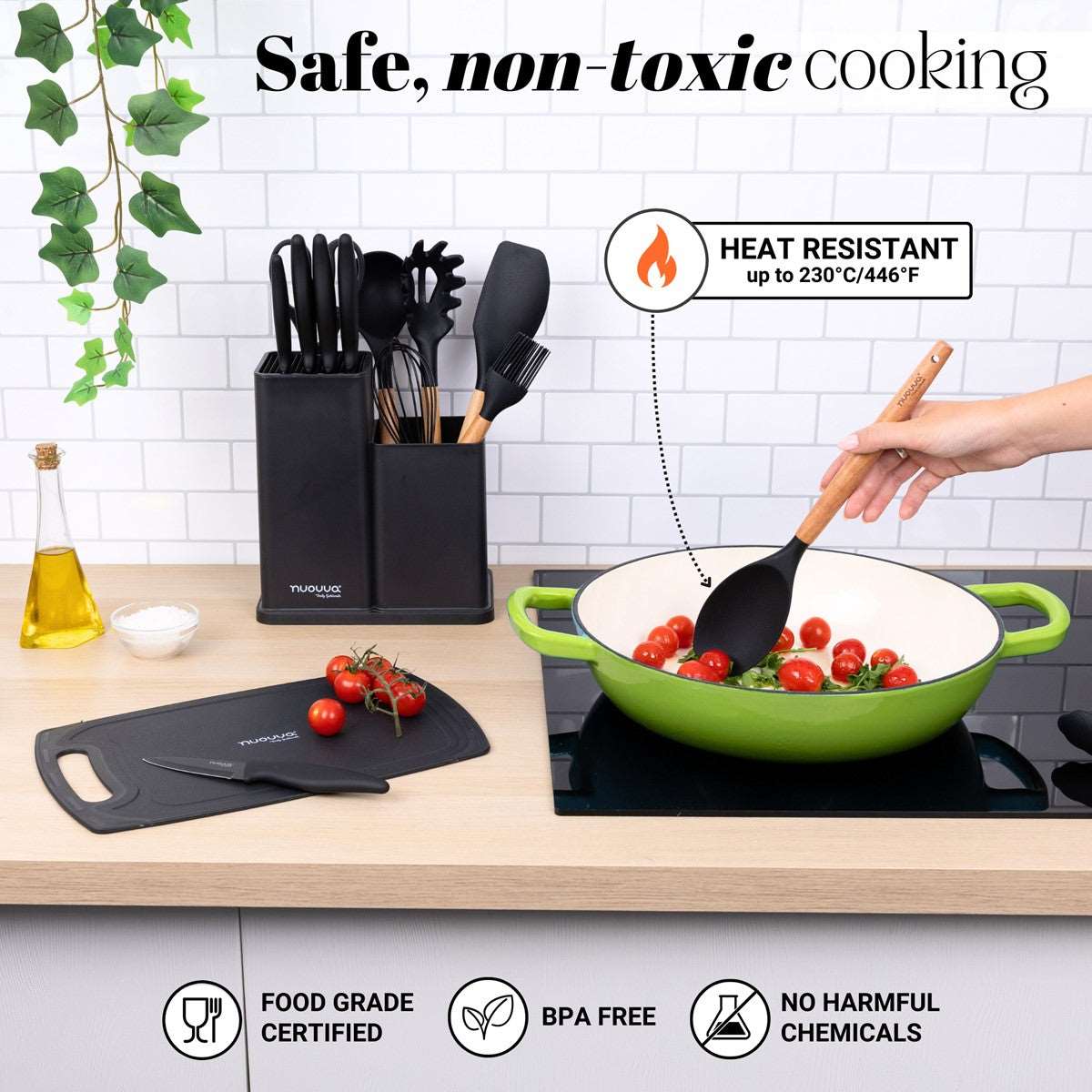 Safe non-toxic cooking with nuovva silicon kitchen utensils and knife set - food grade certified, BPA free and heat resistant. 