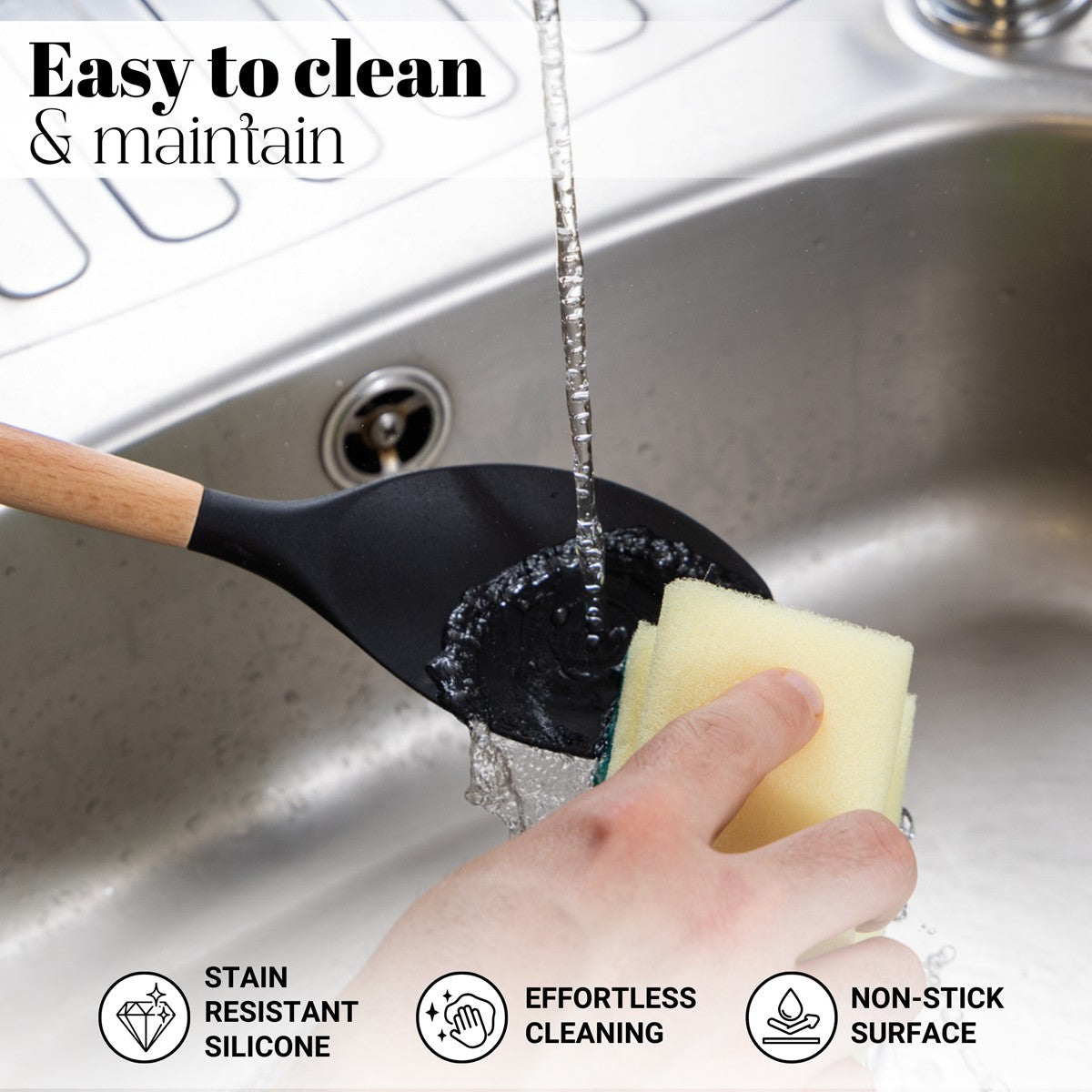 Nuovva black silicone kitchen utensils are easy to clean & maintain with stain resistant silicon and effortless cleaning on its non-stick surface