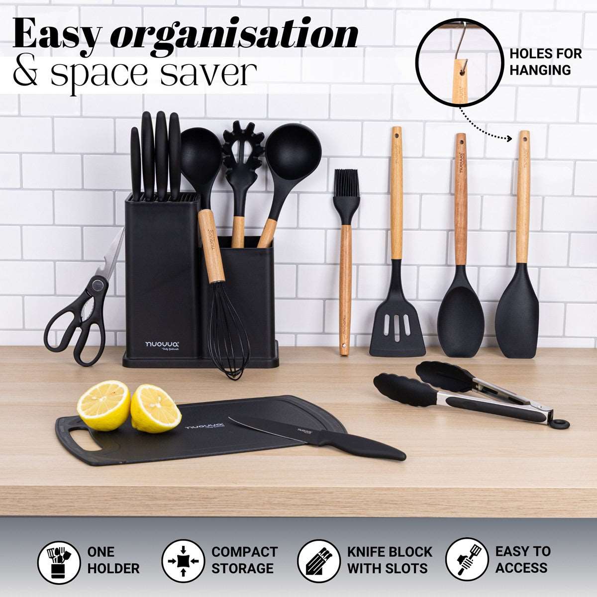Easy organization with Nuovva kitchen utensil and knife set with storage holder and knife blocks with slots. 