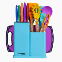 Nuovva 17pcs colourful kitchen utensil set with kitchen knives, chopping block and storage compartment.