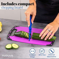 Nuovva kitchen utensil and knife set includes a BPA free compact chopping board which does not blunt knives