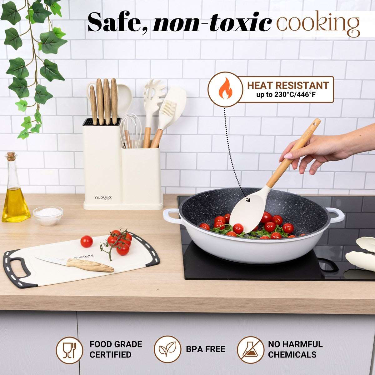 Non-toxic safe cooking with nuovva heat resistant kitchen utensil, BPA free with no harmful chemicals - food grade certified