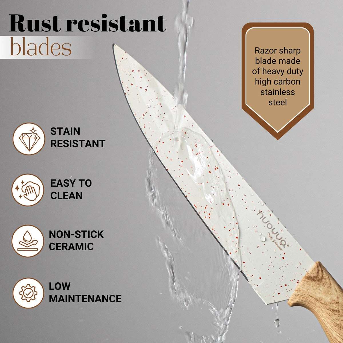 Nuuvva cream kitchen knife with razor sharp rust-resistant blades - low maintencae and easy to clean with its stain resistant stainless steel blade. 