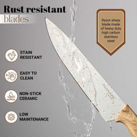 Nuuvva cream kitchen knife with razor sharp rust-resistant blades - low maintencae and easy to clean with its stain resistant stainless steel blade. 