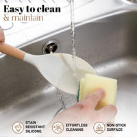 Nuovva easy to clean & maintain non-stick kitchen utensil set with stain resistant silicone for effortless cleaning. 