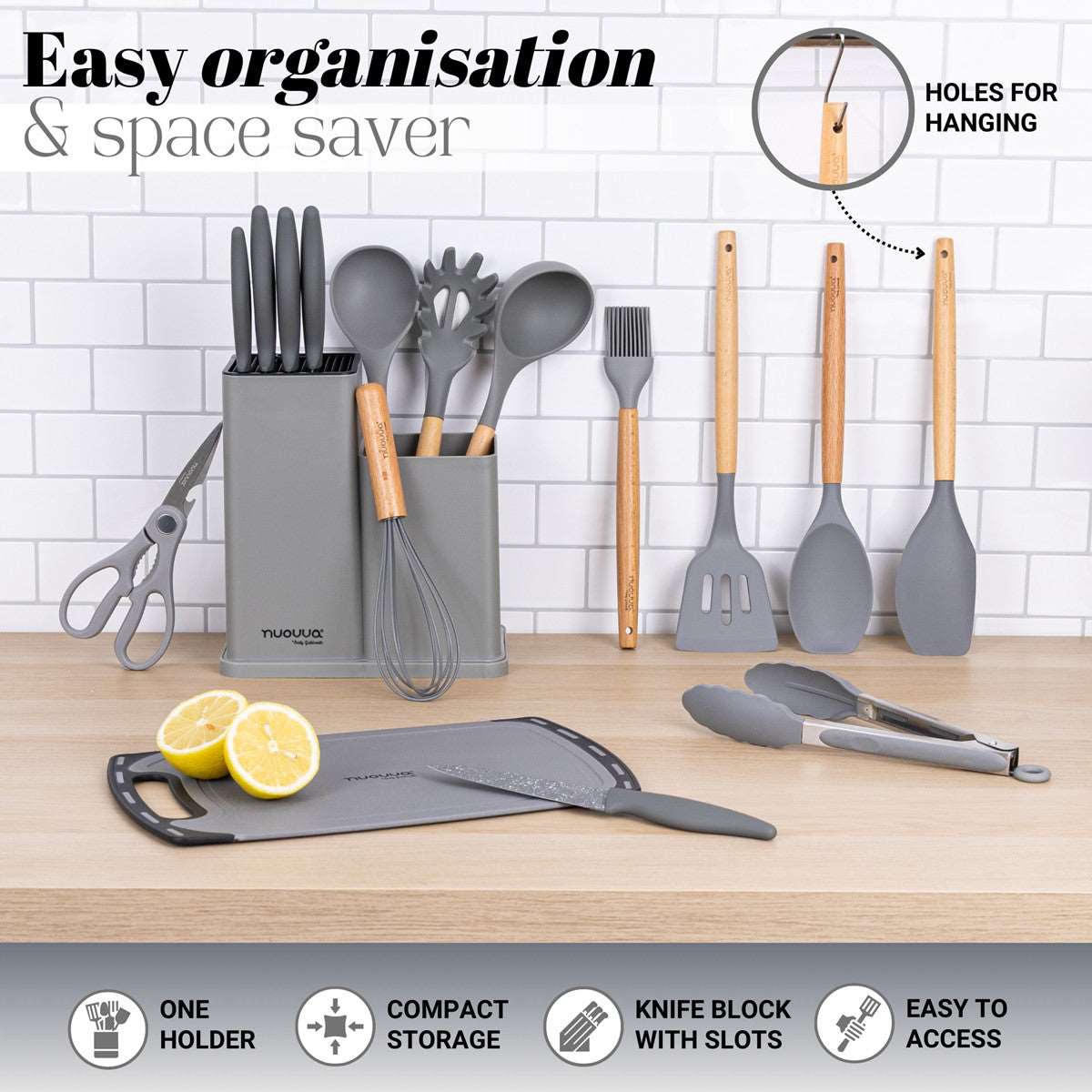 Easy organization with nuovva kitchen utensil set with compact storage block with slots for kitchen knives. 