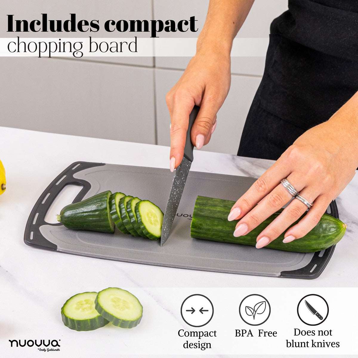 Nuovva grey kitchen utensil and knife set includes a BPA free compact chopping board which does not bunt knives. 