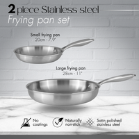 2 piece non-stick stainless steel frying pan set includes a 20cm frying pan and 28cm frying pan with no coating. 