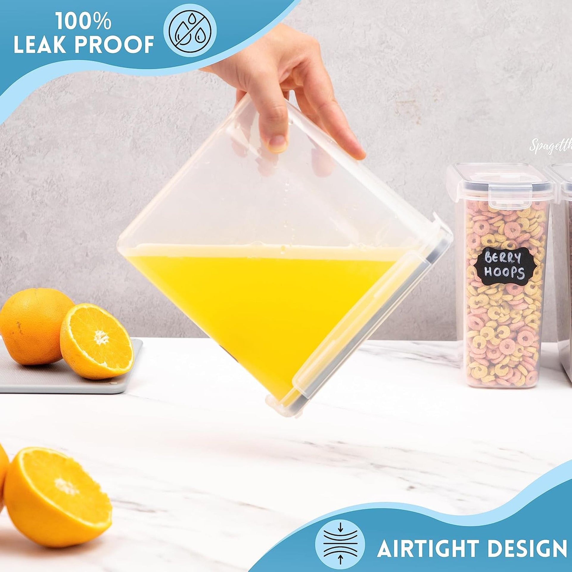 Airtight cereal container is 100% leak-proof for easy home organization. 
