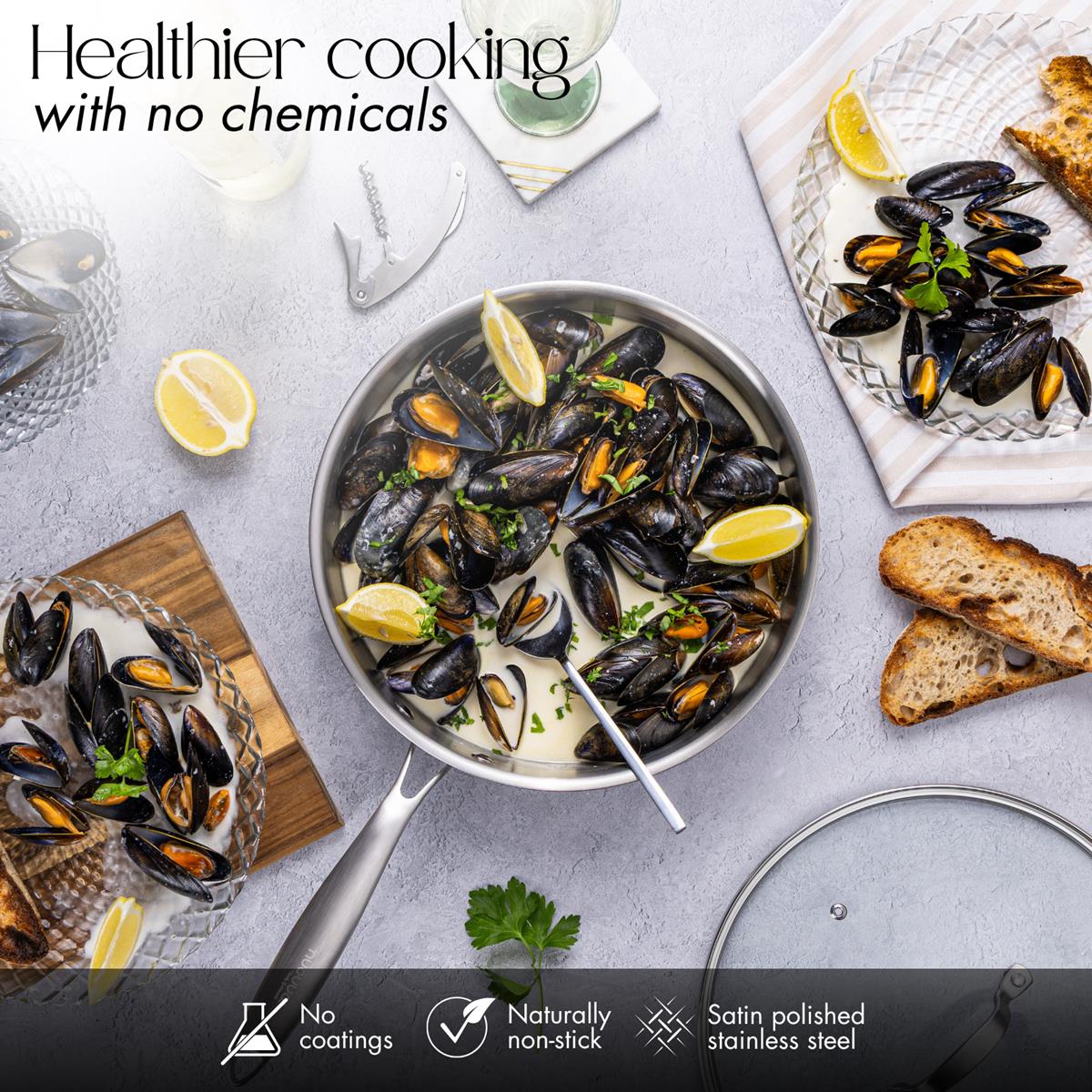 Healthier cooking with the nuovva stainless steel saute pan with no coating, no chemical non-stick cooware. 