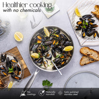 Healthier cooking with the nuovva stainless steel saute pan with no coating, no chemical non-stick cooware. 