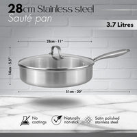 28cm Stainless steel sauté pan with 3.7L capacity, dimensions and features like no coatings and naturally non-stick factors
