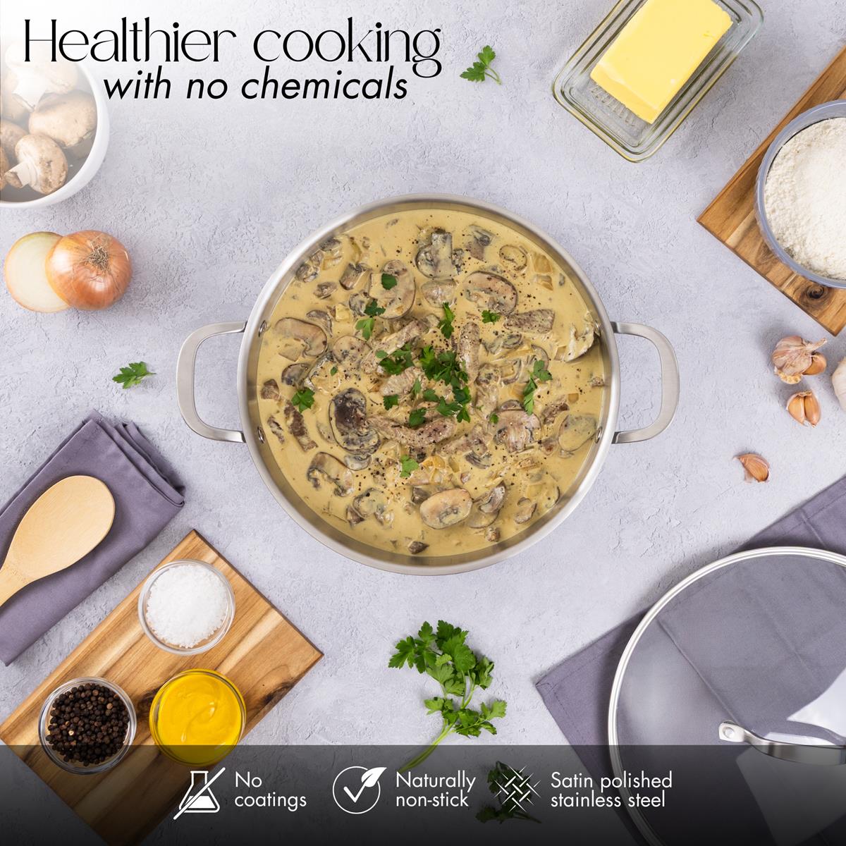 Healthier cooking with the stainless steel shallow casserole pot - no coating, non-stick cookware 
