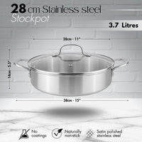 28cm Stainless steel stockpot with 3.7L capacity. Stainless steel, non-stick cookware