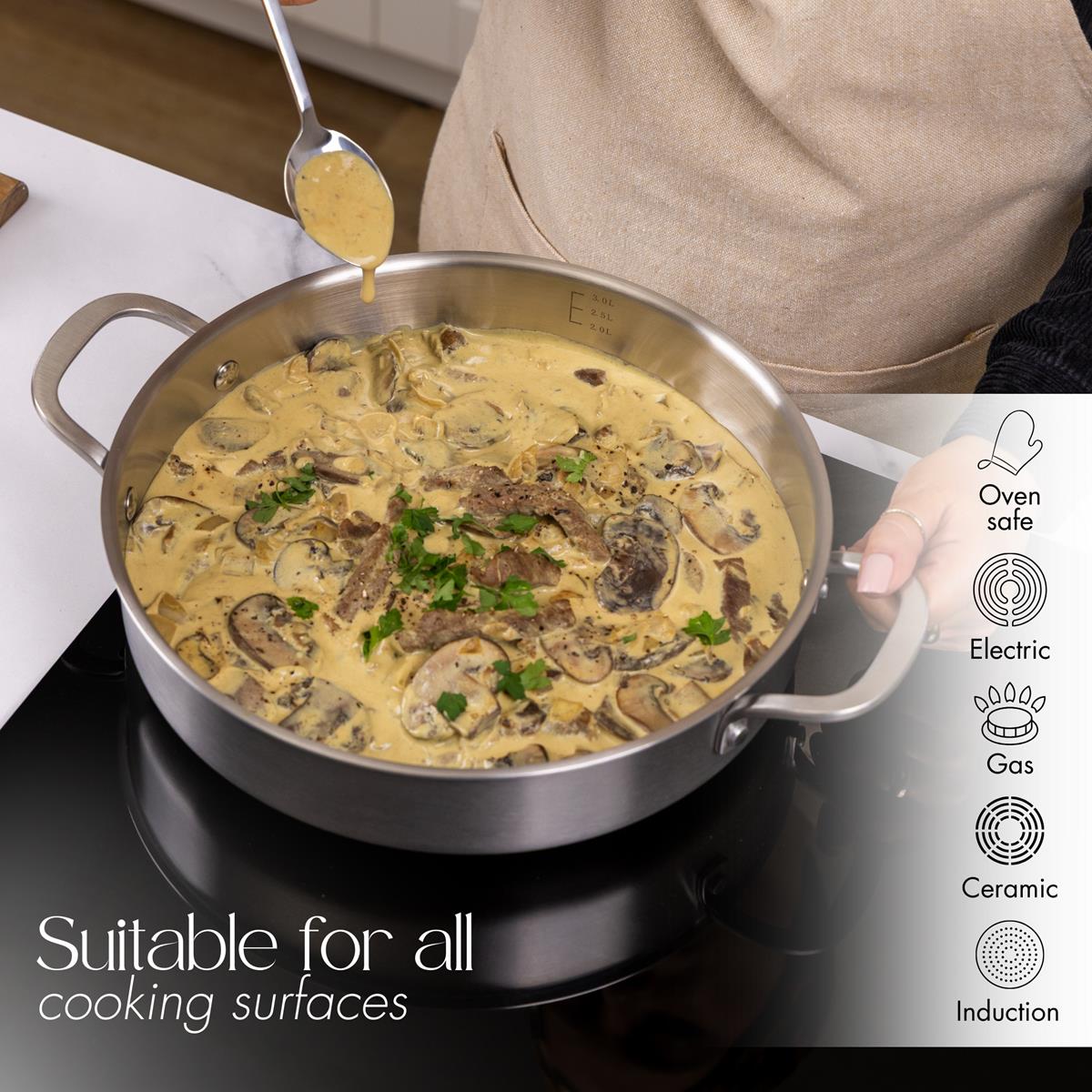 Oven safe stainless steel casserole pot suitable for all cooking surfaces