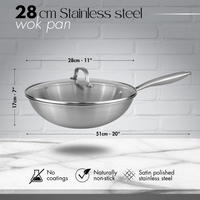 28cm stainless steel wok pan is naturally non-stick with satin polished stainless steel. 