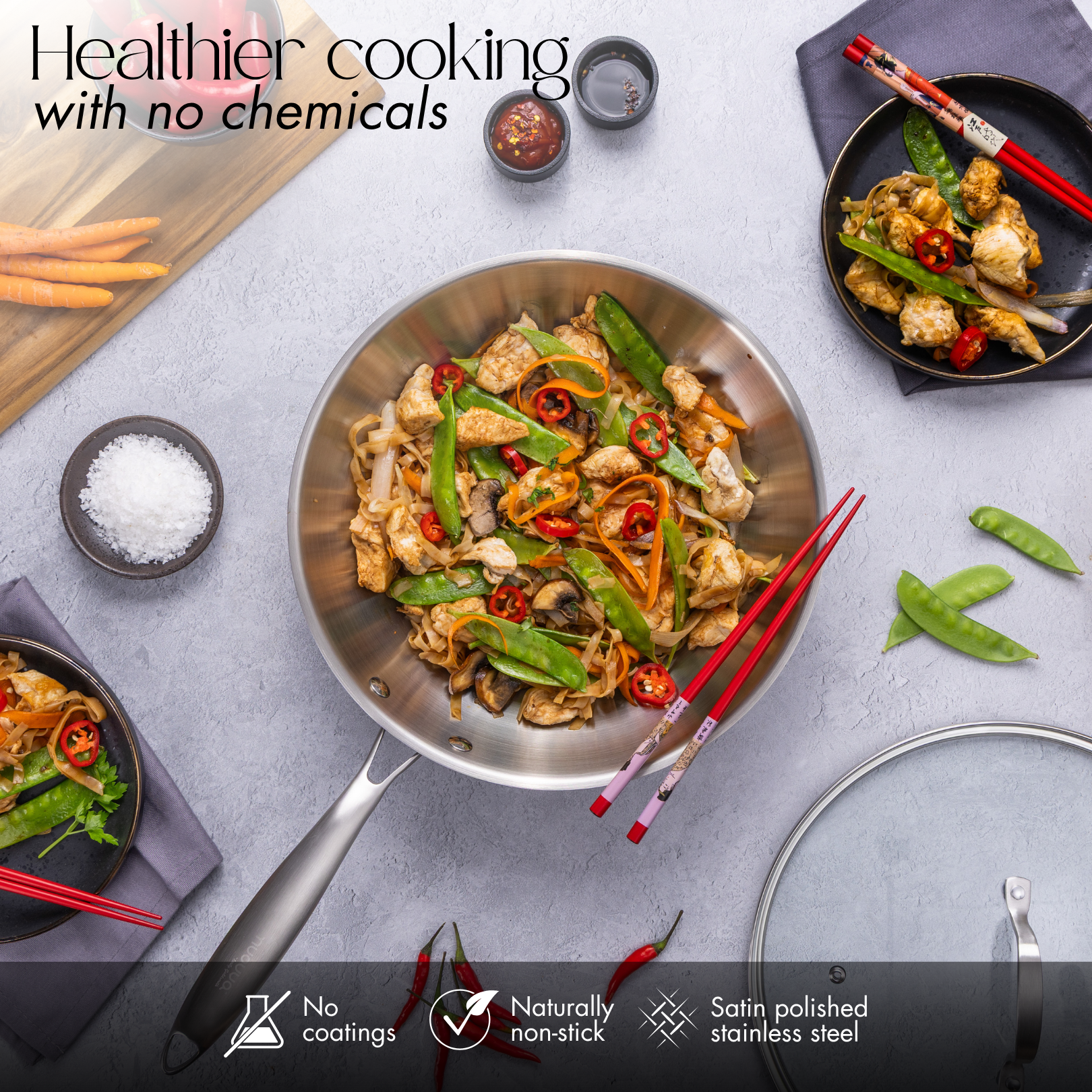 Stainless steel stir fry wok for healthier cooking with no-coating and naturally non-stick surface. 