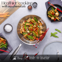 Stainless steel stir fry wok for healthier cooking with no-coating and naturally non-stick surface. 
