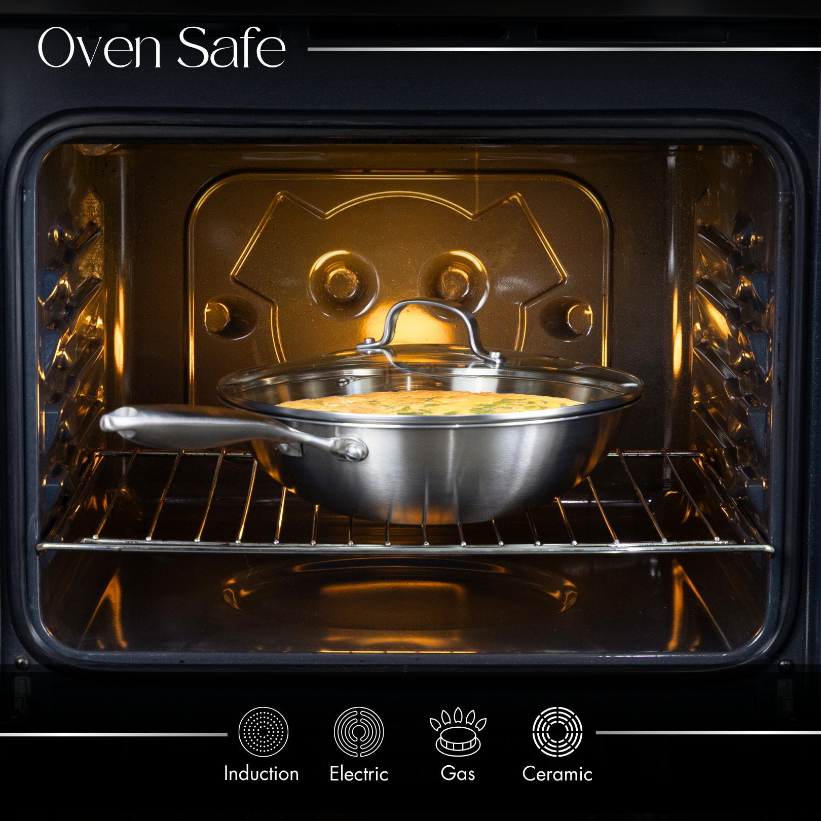 Stainless steel oven wok pan with lid, induction safe for all stovetops. 