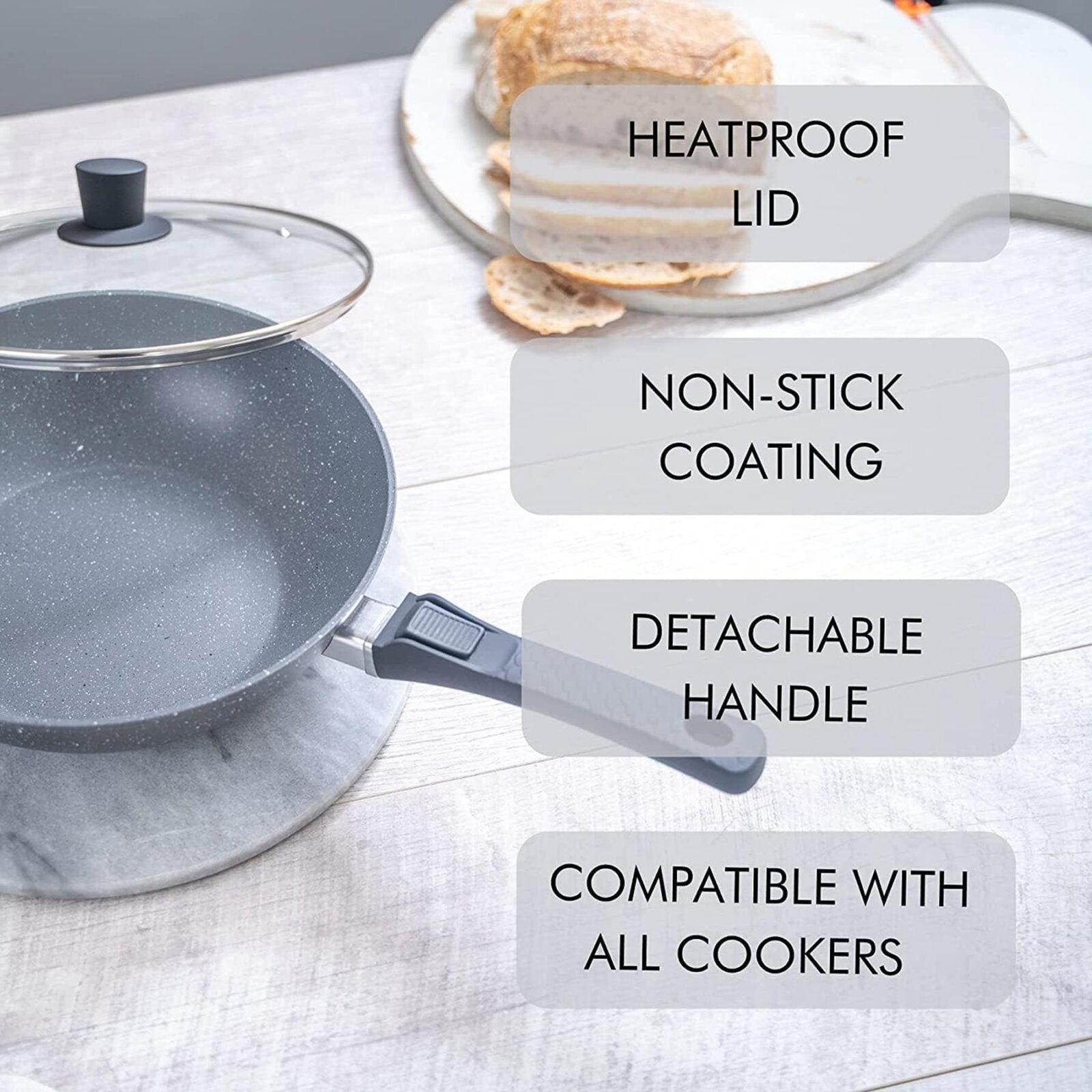 28cm induction base wok with heatproof lid, non-stick coating & detachable handle, compatible cookware for all cooker types. 