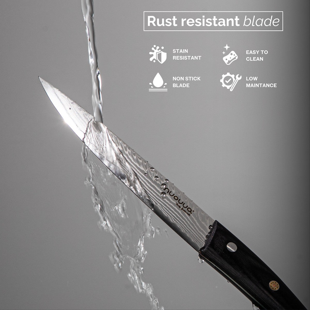 Nuovva 2pcs Damascus steel Japanese knife set with non-stick rust resistant blade is low maintenance with its easy to clean, stain resistant blades 