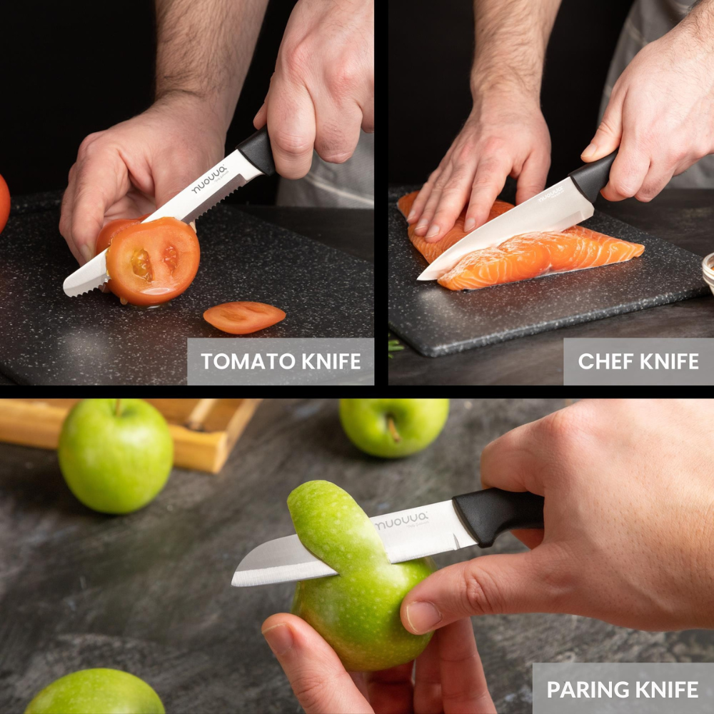 Nuovva matte black kitchen knife set including tomato knife, chefs knife and paring knife. 