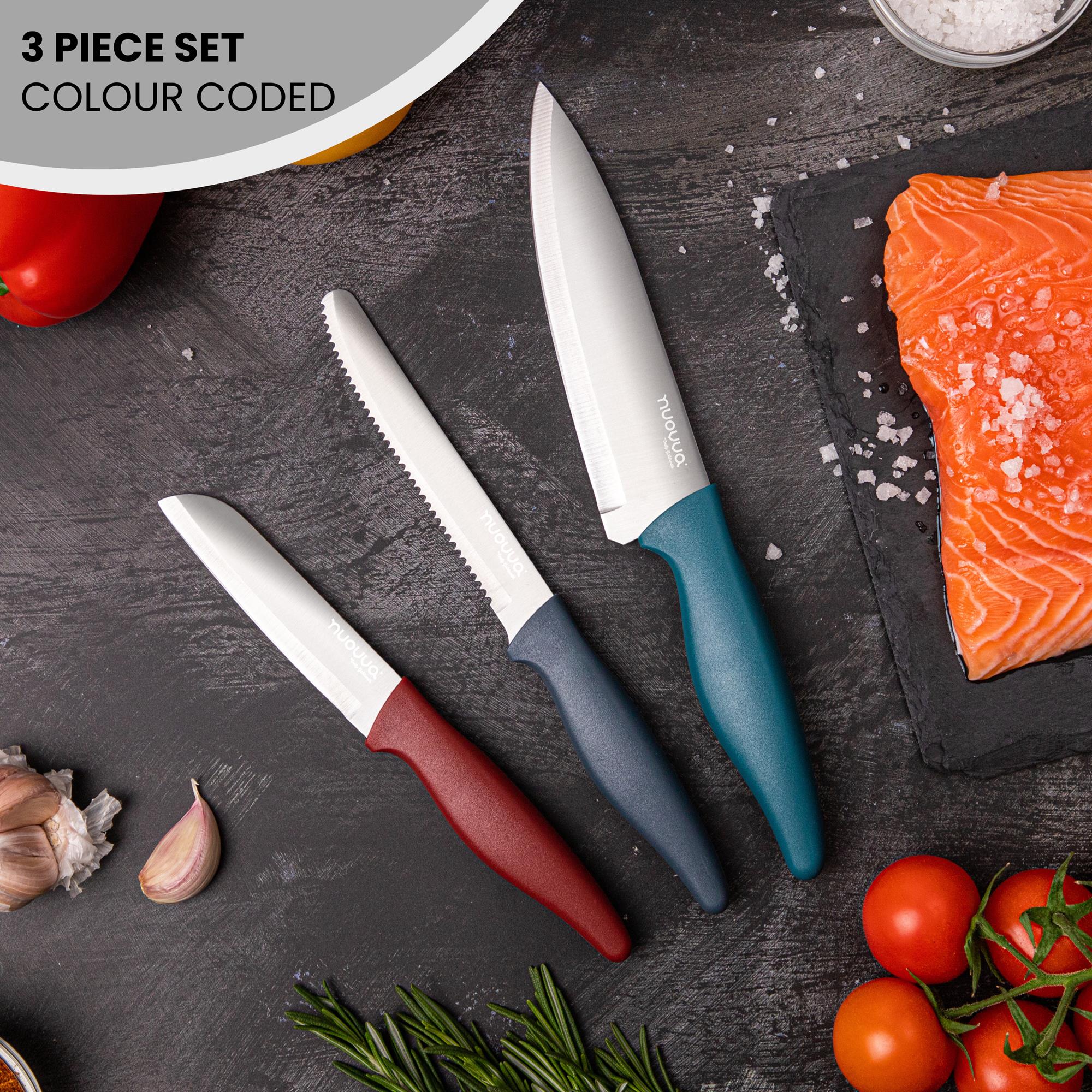 3 piece kitchen knife set with color - coded ergonomic handles to avoid cross-contamination. 