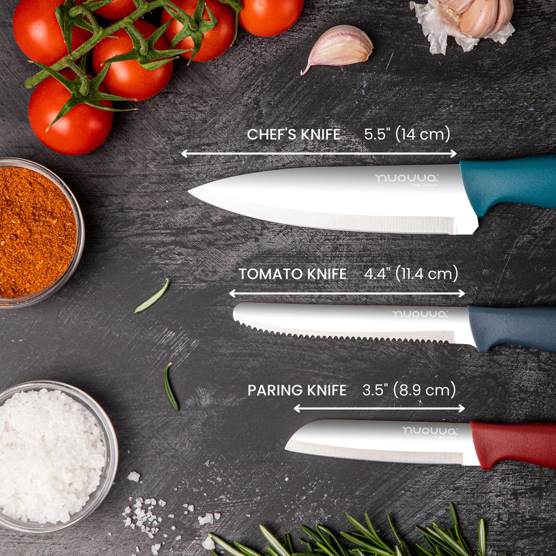 3-piece stainless steel kitchen knife set with dull color handles including 5.5" chef's knife, 4.4" tomato knife and 3.5" paring knife. 