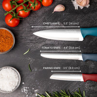 3-piece stainless steel kitchen knife set with dull color handles including 5.5" chef's knife, 4.4" tomato knife and 3.5" paring knife. 