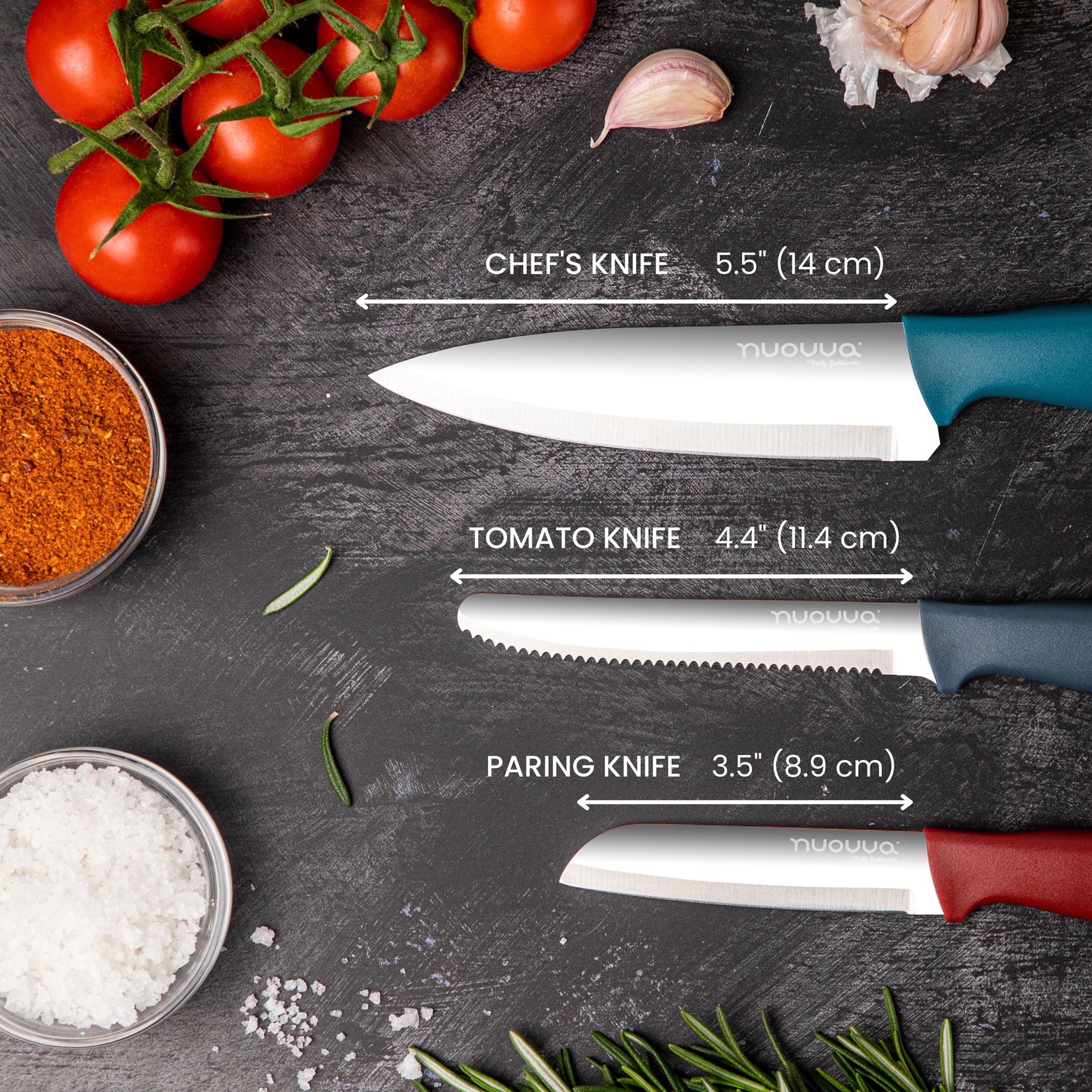 3-piece stainless steel kitchen knife set with dull color handles including 5.5" chef's knife, 4.4" tomato knife and 3.5" paring knife. 