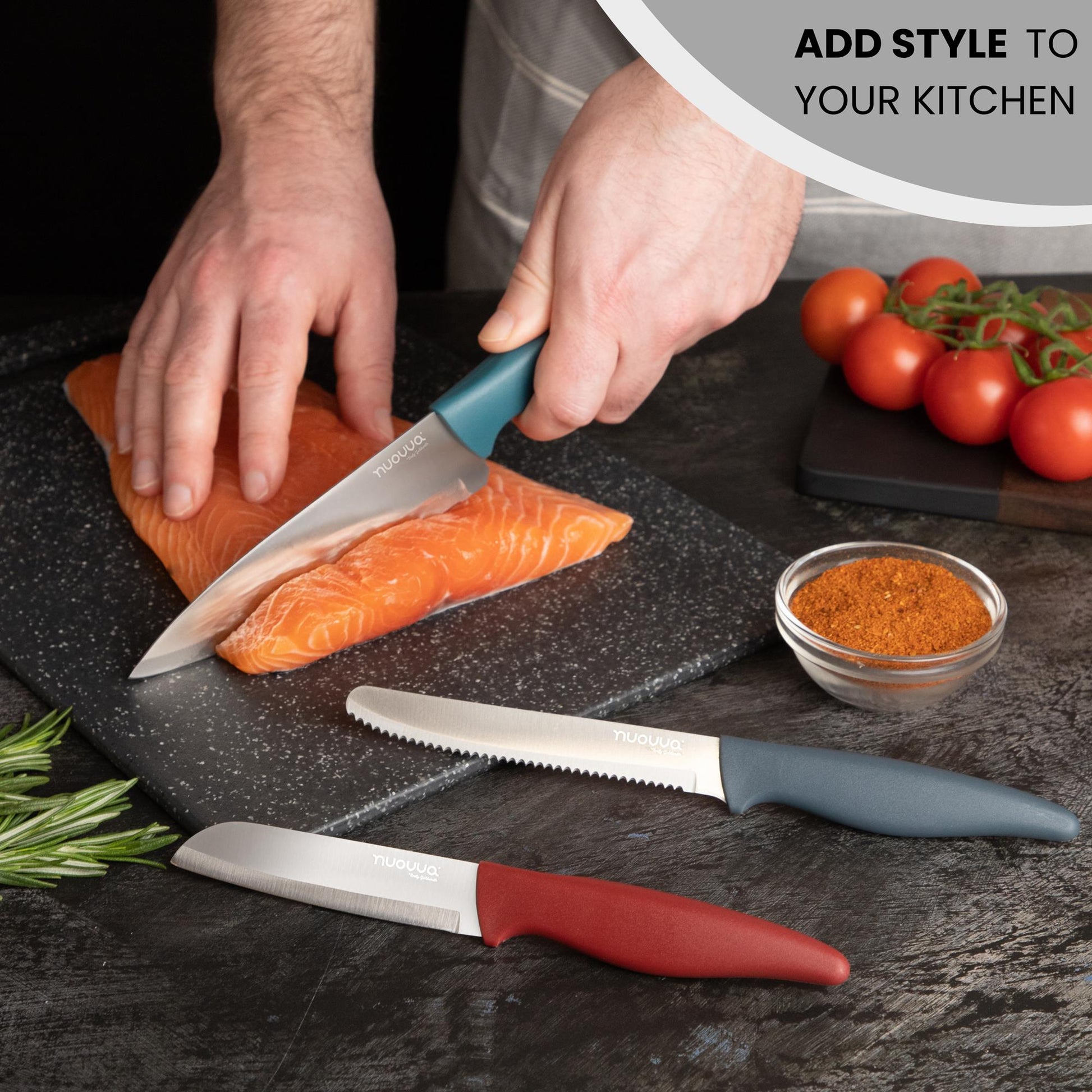Nuovva 3-piece stainless steel kitchen knife set with dull colour for easy skinning, cutting and slicing. 