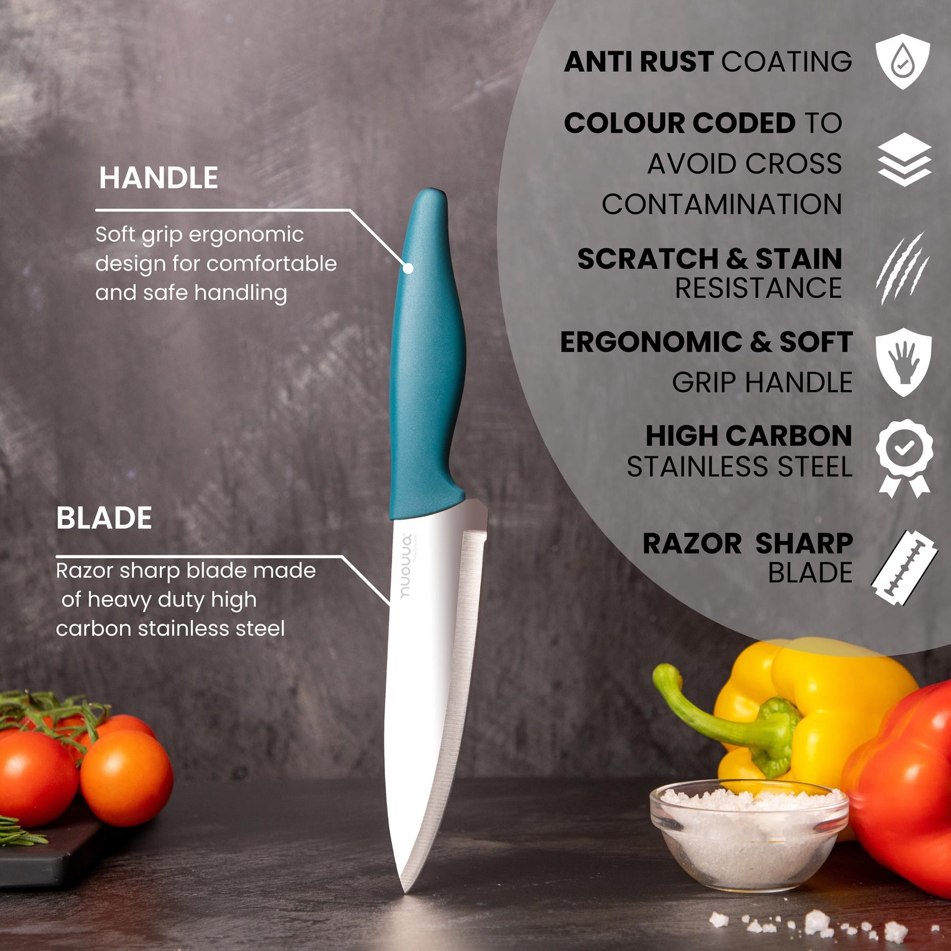 Stainless steel kitchen knife set, color coded soft grip ergonomic handles to avoid cross contamination   and razor sharp blades for precision cutting. 