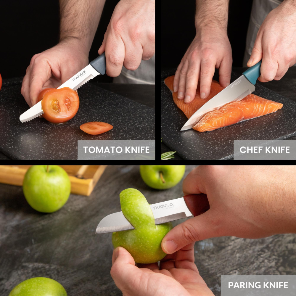 Nuovva 3pcs dull colour kitchen knife set includes tomato knife, chef knife and paring knife. 
