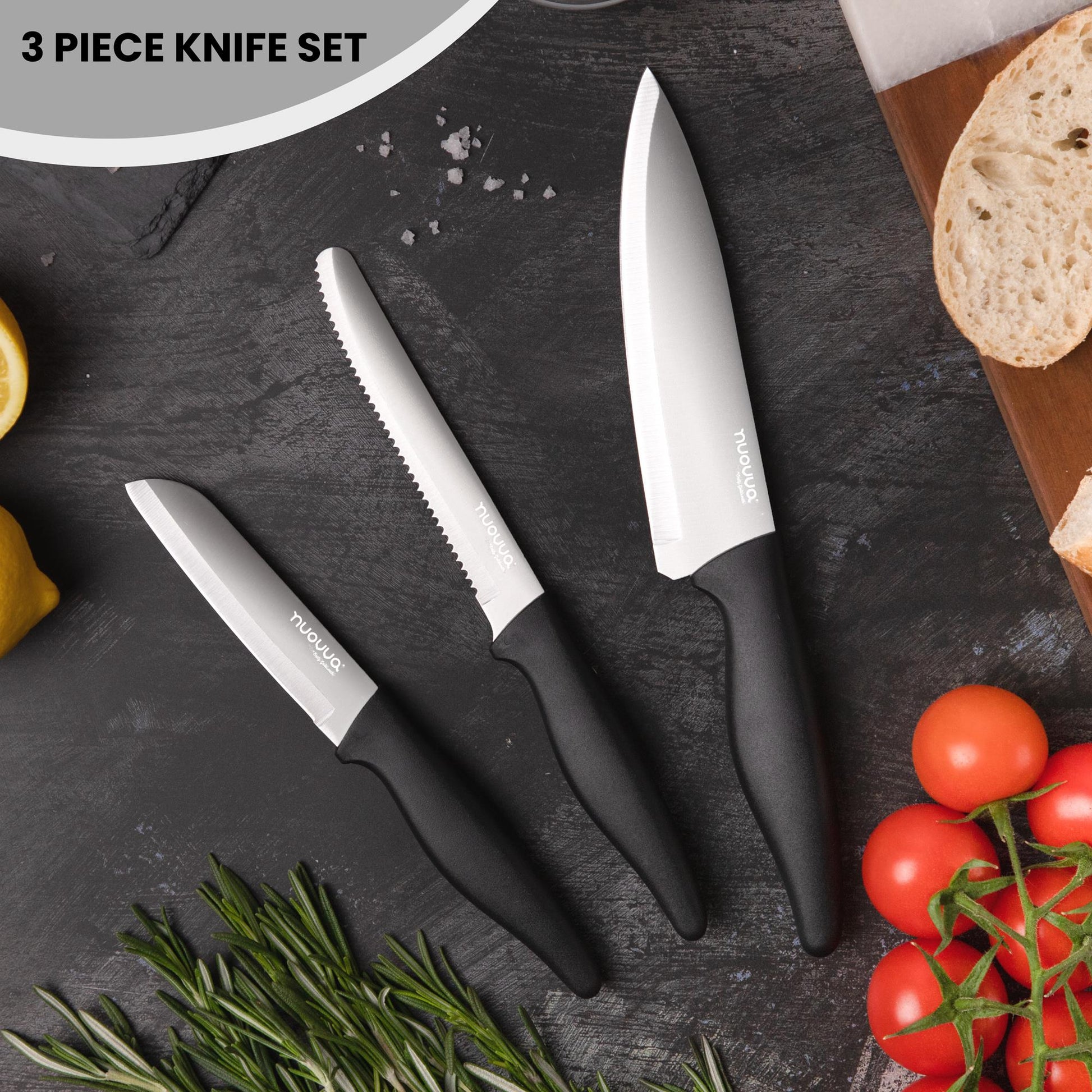 Nuovva back matte 3 piece kitchen knife set including tomato knife, chefs knife and paring knife. 