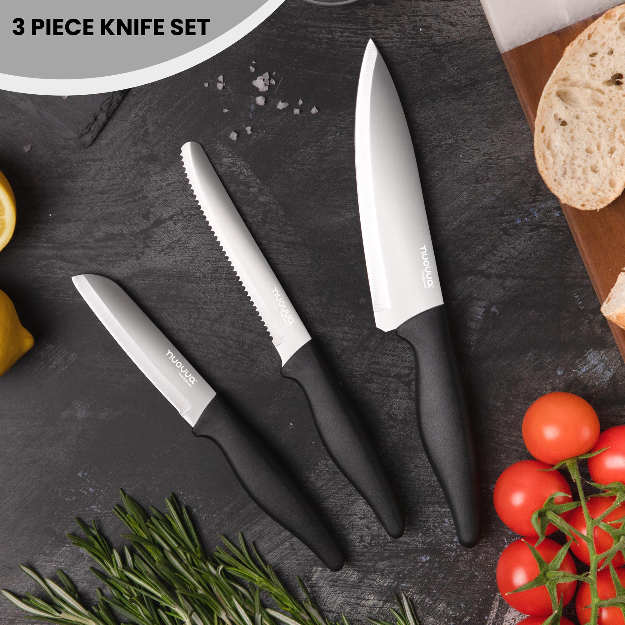 Nuovva back matte 3 piece kitchen knife set including tomato knife, chefs knife and paring knife. 