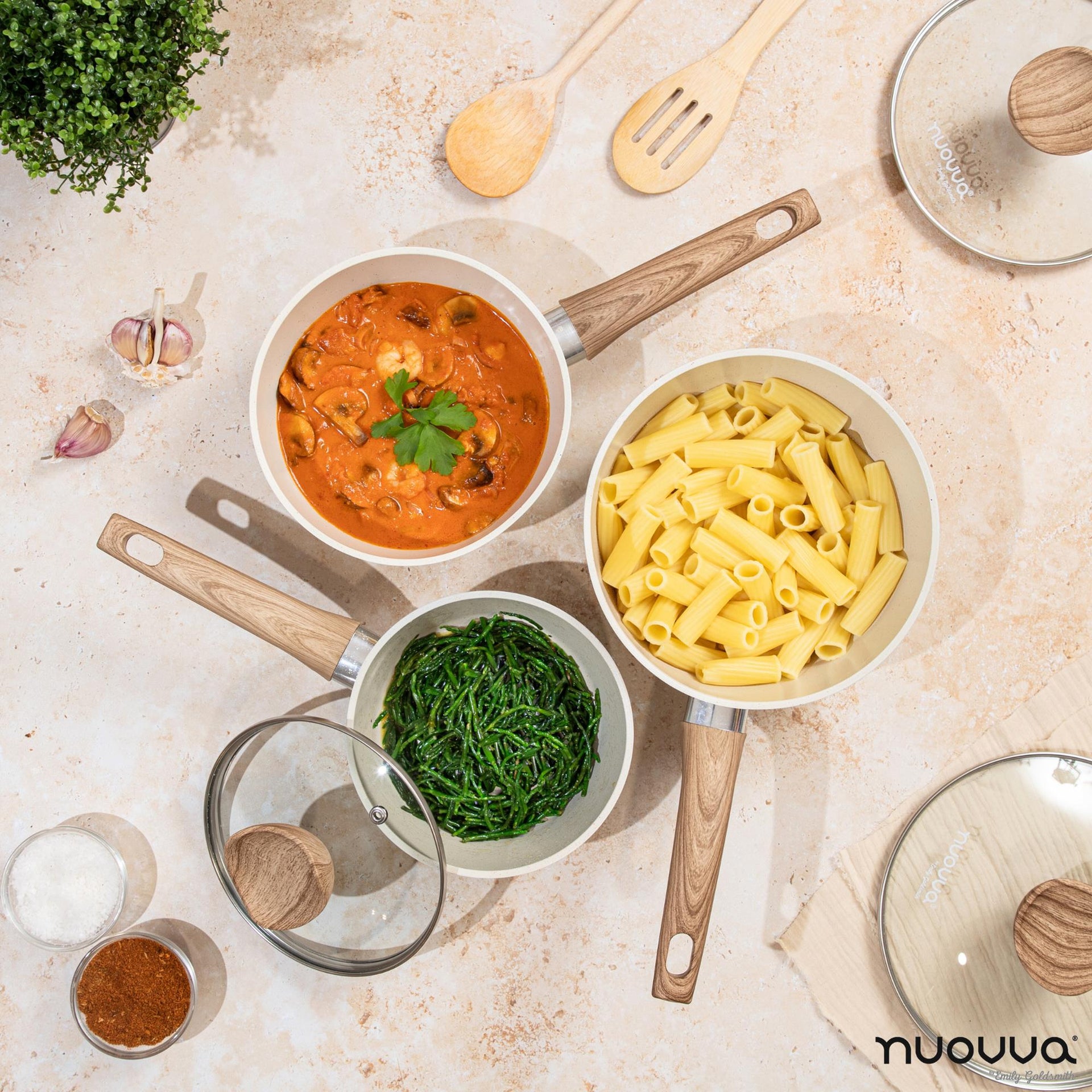 Nuovva 3 pieces cream granite saucepan set with glass lids for efficient cooking, boiling and stewing. 