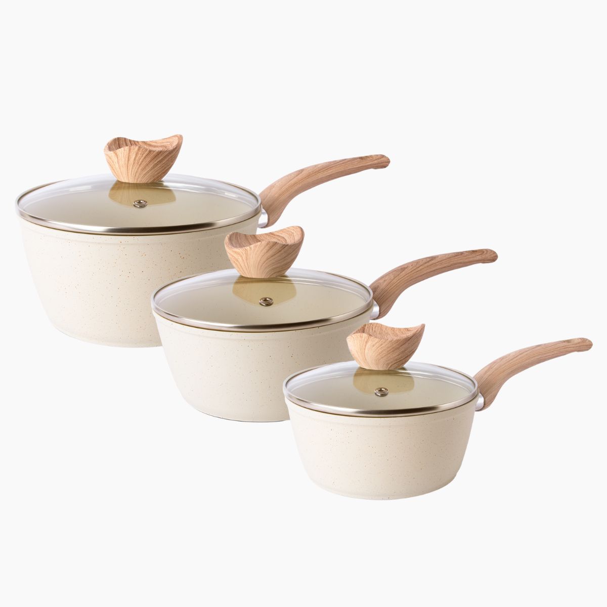 Cream granite 3-Piece Non-Stick Induction Saucepan Set  with glass lids. – 16cm 18cm 20cm