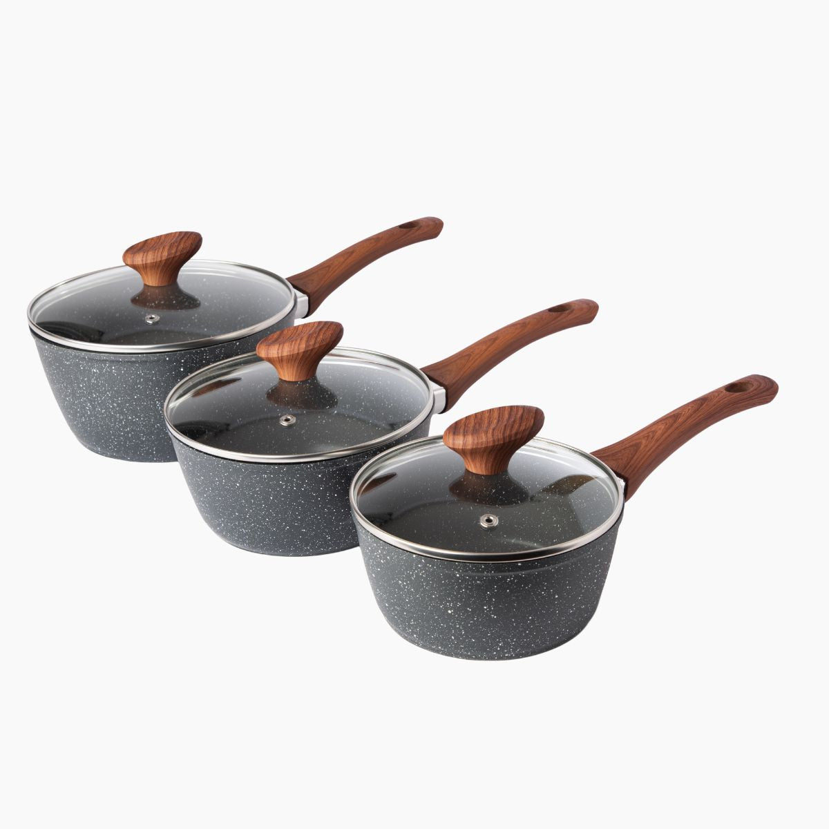 Nuovva 3-piece grey granite non-stick induction saucepan set with glass lids – 16cm 18cm 20cm 