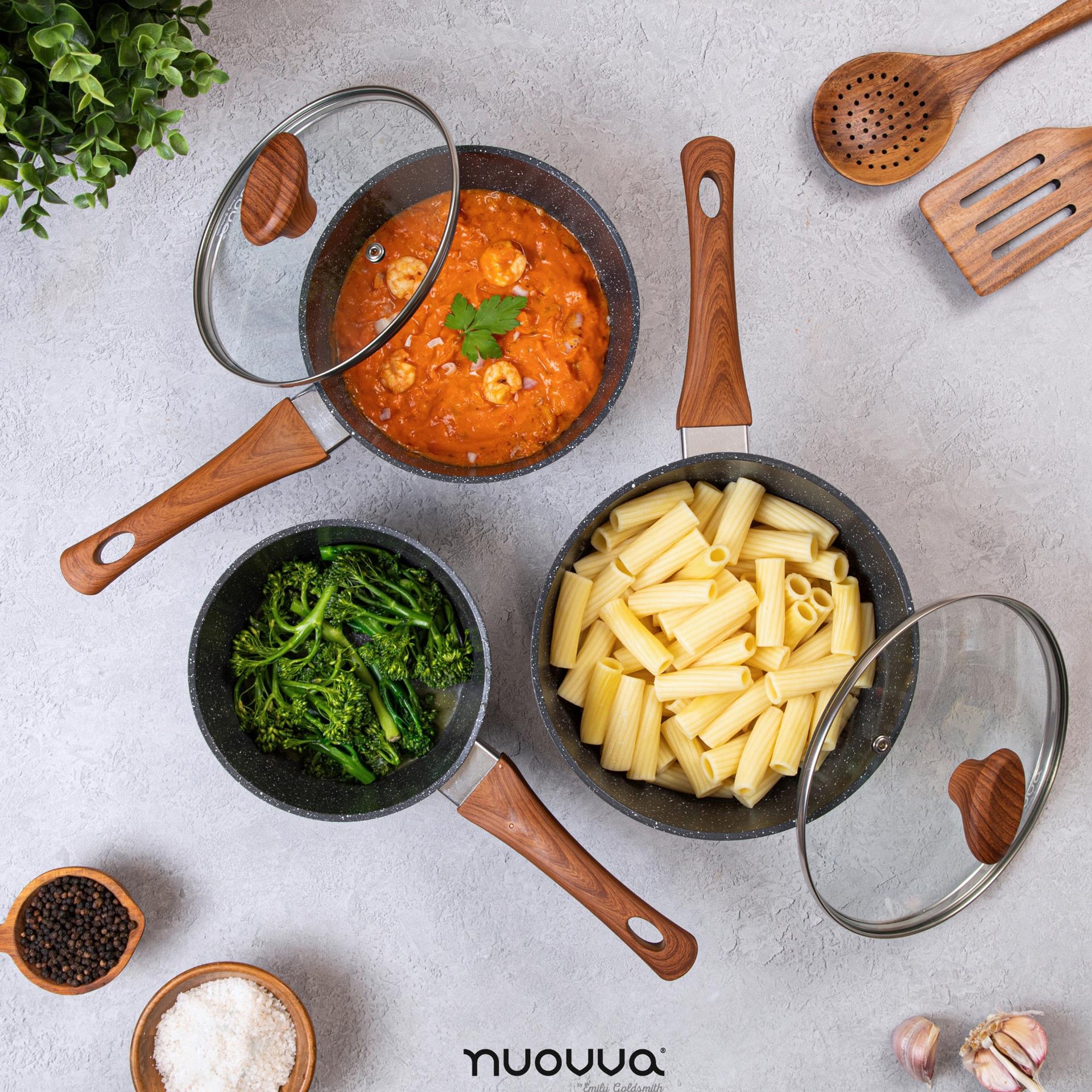 Nuovva 3 pcs grey granite saucepan set with glass lids for easy boiling, cooking and stewing. 