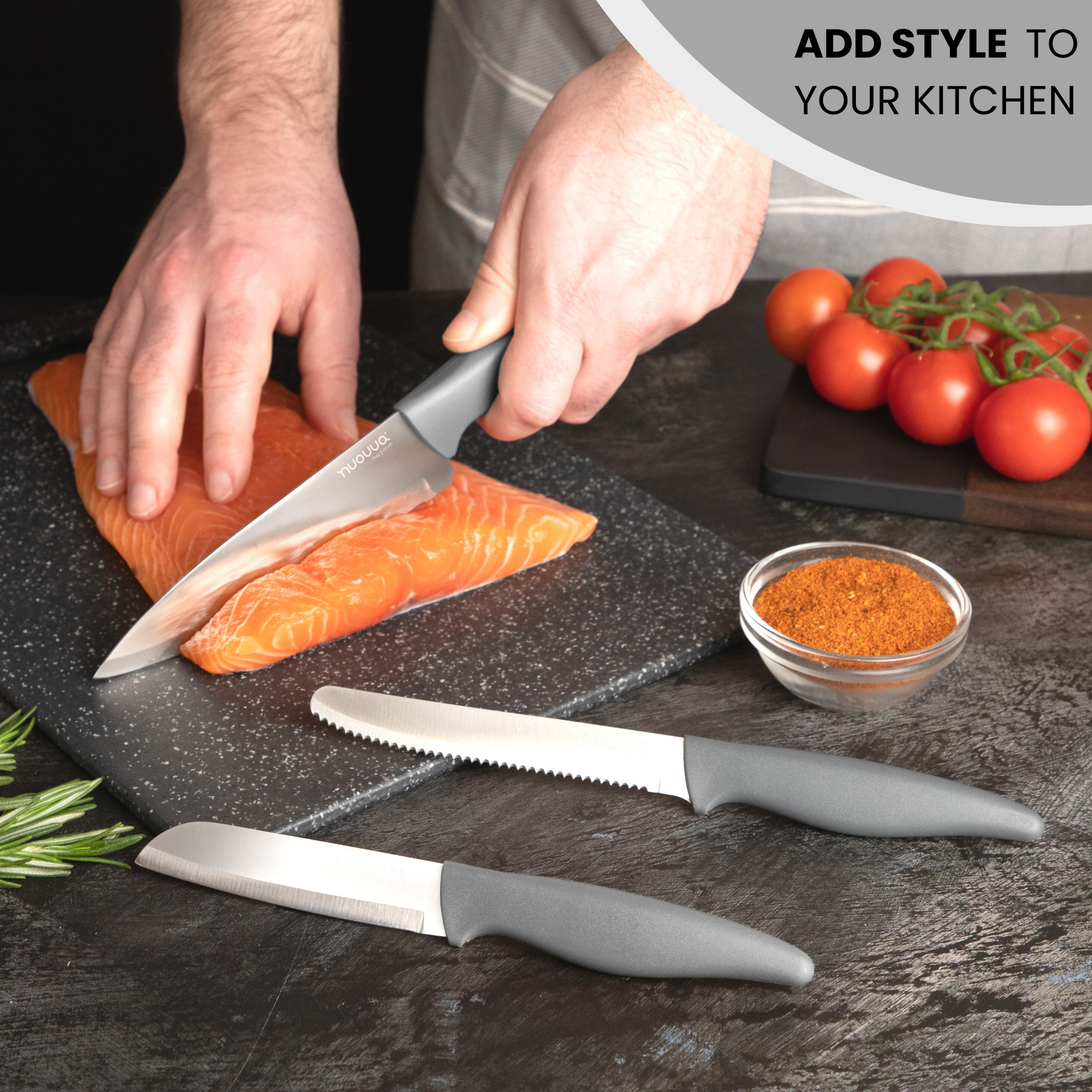 Add style to your kitchen with nuovva light grey kitchen knives including tomato knife, chefs knife and paring knife. 